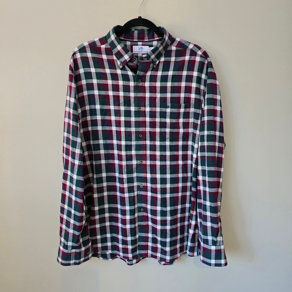 Southern Tide Mens XL Plaid Button Down Shirt Green Burgundy Hemp Blend Stretch